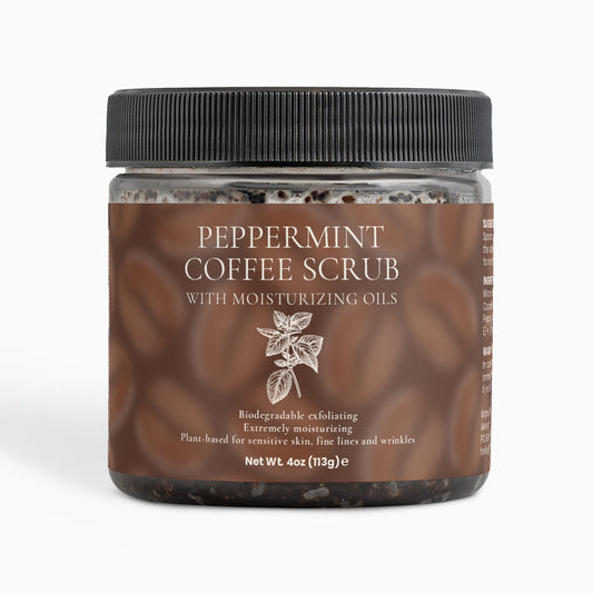 Jar of peppermint coffee scrub with a black lid on a white background