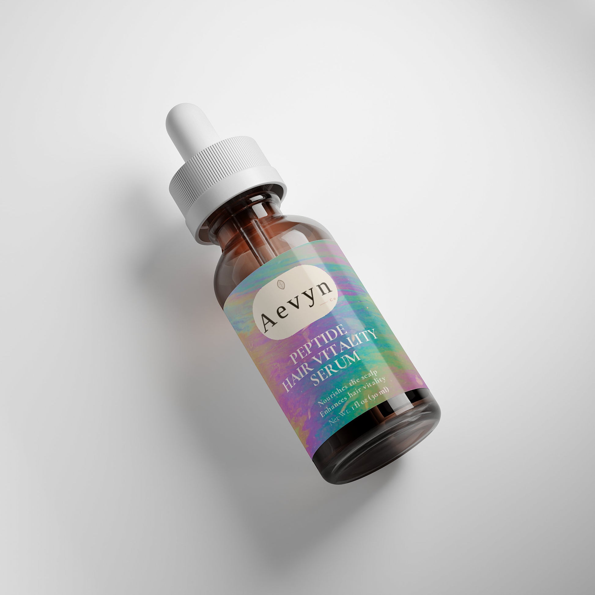 Aevyn Peptide Hair Serum bottle with dropper on a light gray background