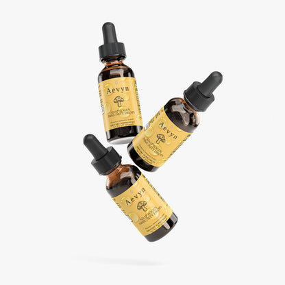 Three bottles of Aevyn tinctures on a white background